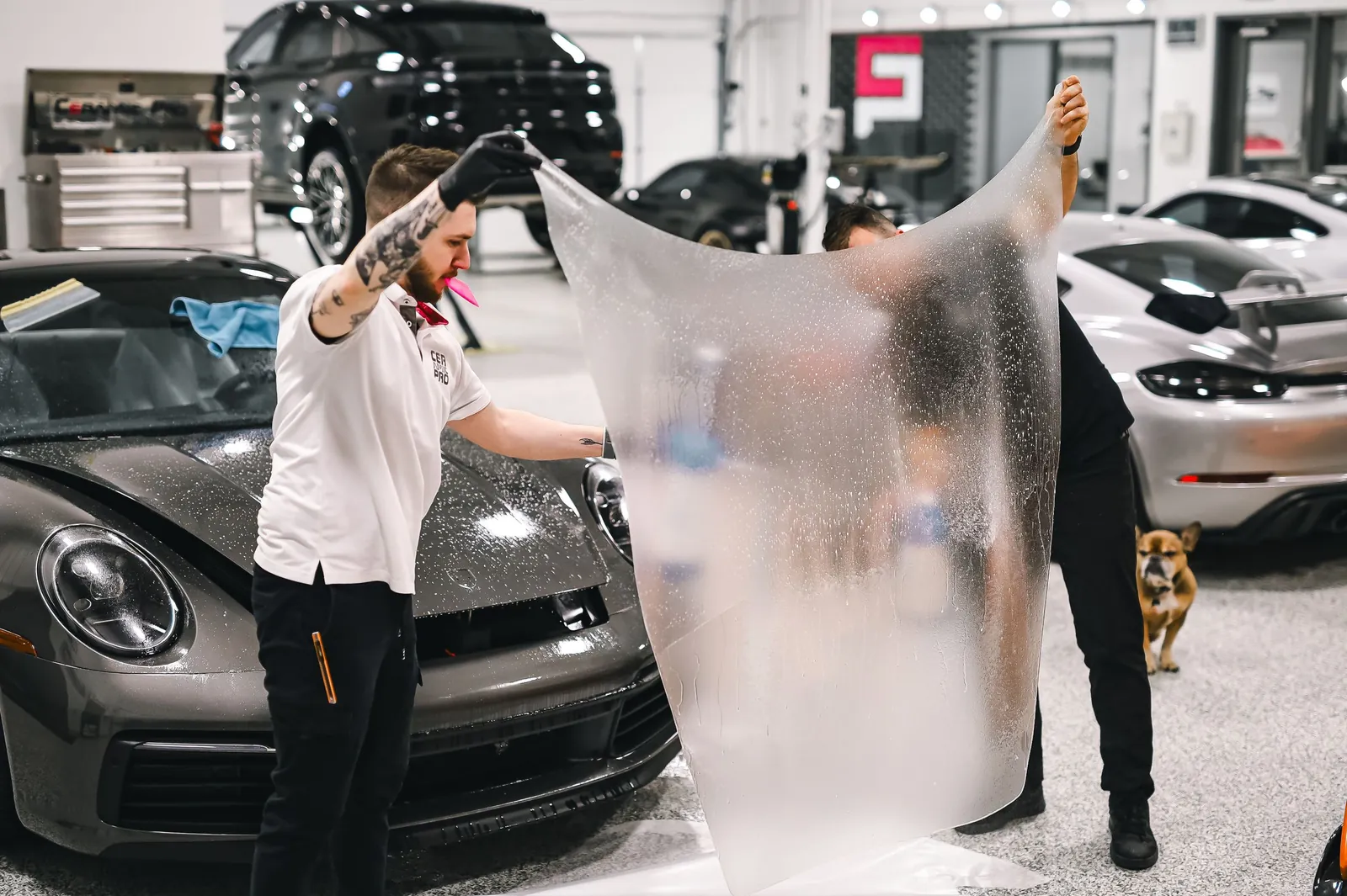 Instaladores segurando a película transparente de proteção de pintura sobre um carro esportivo cinza